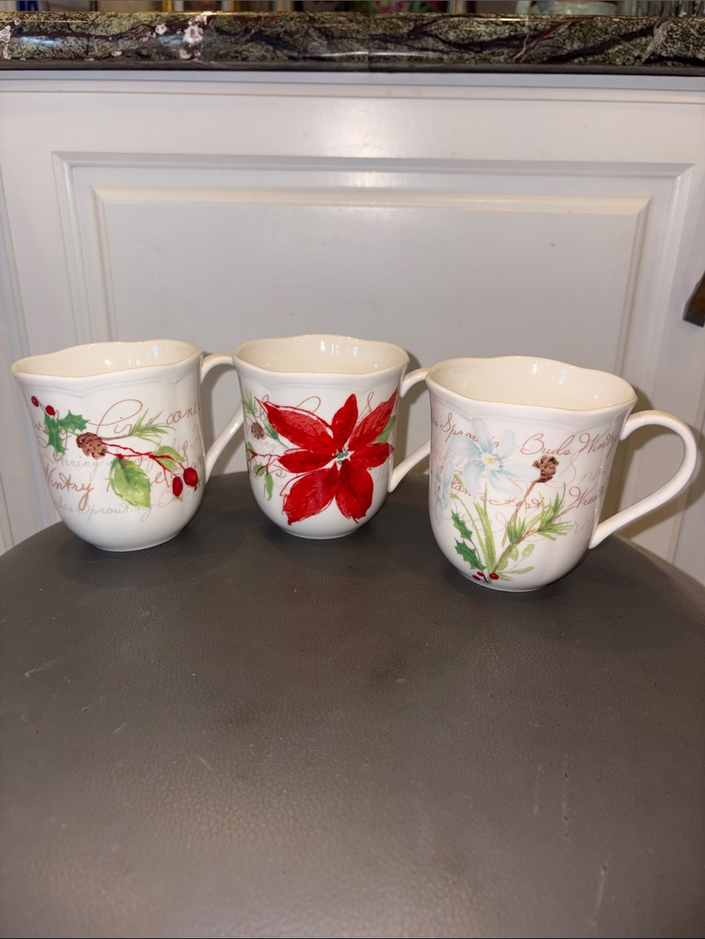 Set of 3 Lenox “Winter Meadow” Holiday Porcelain Coffee Mugs w/ Scalloped Edges
